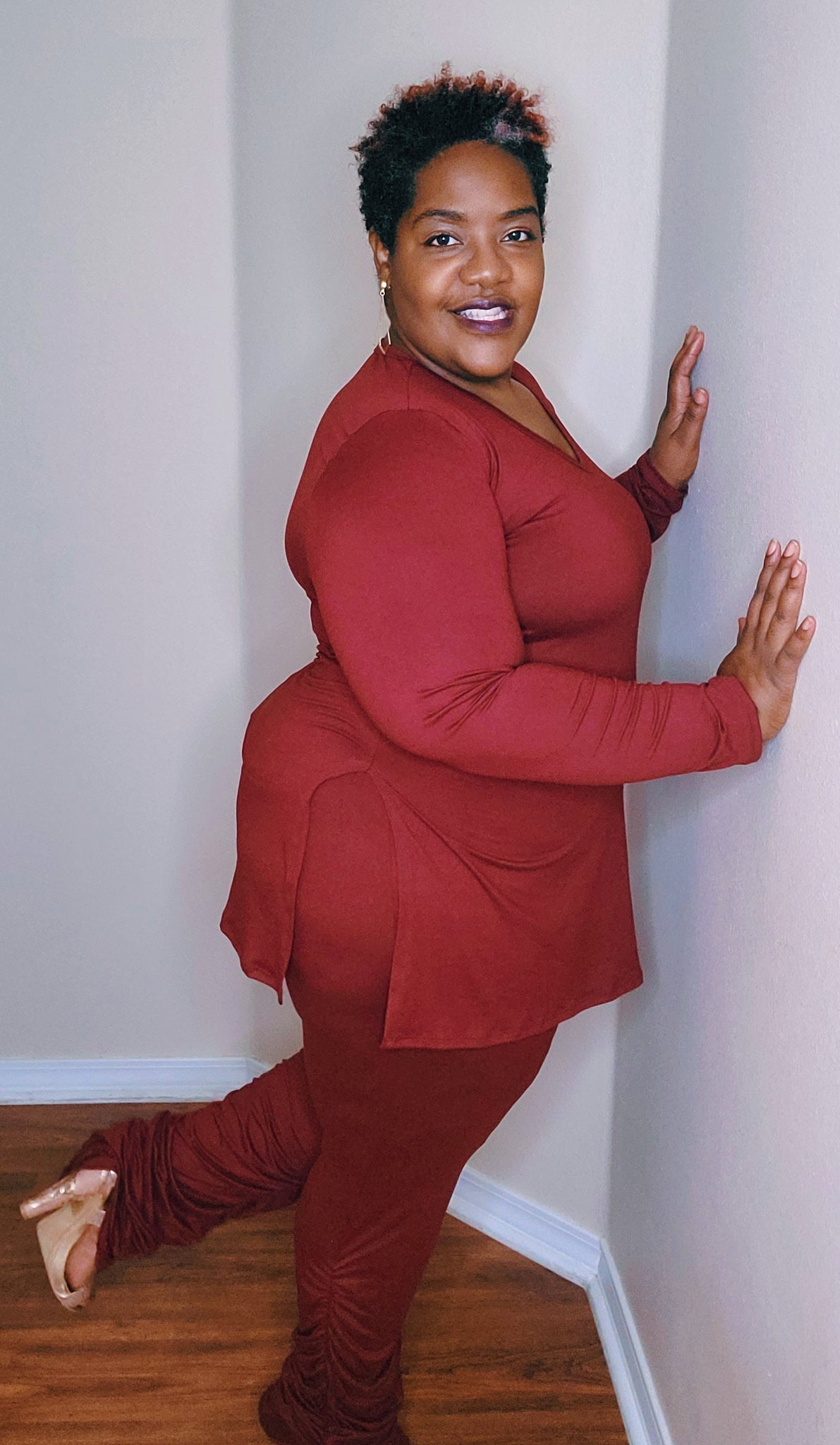 Stacked Up Pants Set Curvy (BURGUNDY)